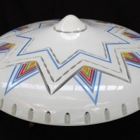 Art Deco hanging light shade in cased wheel cut glass with painted geometric design - Sold for $268 - 2015