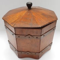 Arts & Crafts octagonal wooden box with brass banding and fitted lid - Sold for $27 - 2015