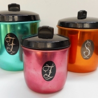 Set of 3 x 1960's Anodised kitchen canisters, orange, pink & green  - Modern Mard by Jason, Australia - Sold for $30 - 2015