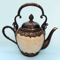 Vintage oriental teapot - ceramic with metal spout, handle & vine decoration - Sold for $37 - 2015