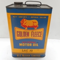 1 gallon  Golden Fleece Motor Oil tin  SAE 20 -  decorative featuring Ram  - H C Sleigh Ltd - good cond - Sold for $433 - 2015