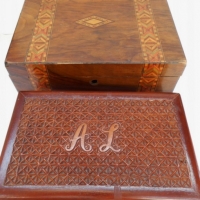 2 x  wooden boxes -  Monogrammed A L,  & Victorian with inlay to lid - Sold for $49 - 2015