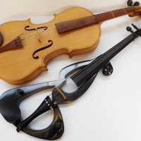 2 x violins - unvarnished Lark acoustic violin, plus black Woodstock electric violin - Sold for $67 - 2015