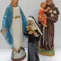 3 x Plaster religious figurines Mary marked VC to back, Monk and child and St Rita - Sold for $57 - 2015