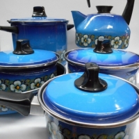 Fab Retro KITCHEN SET - Asta brand KETTLE, Fry Pan, 3 x Lidded Saucepans & small STOCK POT - all w Fantastic Blue & Floral enameled dcor - Good Origin - Sold for $43 - 2015