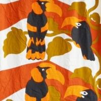 Large Original 1970's MAIJA ISOLA cloth wall hanging - TOUCANS - Details printed to margin, Maija Isola Pepe Finland 1972, approx 32mt w x 125mt w - Sold for $85 - 2015