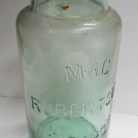 c1900 aqua glass point of sale Lolly jar  Mac Robertson Fitzroy 1 shilling  31cm tall with original lid - Sold for $171 - 2015