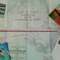 Group of 1960s Train ephemera including Trans Australia Railways map and brochures and Canadian timetable - Sold for $30 - 2015