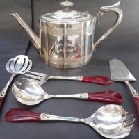 Group of epns - c 1890 John Dixon teapot and set of red plastic handled serving utensils - Sold for $49 - 2015