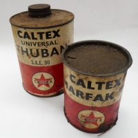 2 x vintage Caltex oil tins - Thuban, Marfak - Sold for $67 - 2015