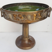 2 x vintage pieces - Edwardian WMF beaten brass fruit comport, plus Art Deco green glass bowl with sea animal decoration stamped Made in France AF - Sold for $55 - 2015