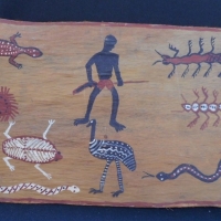 Vintage Bark painting of warrior, snakes emu etc - Sold for $43 - 2015