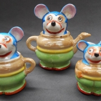 3 x pce 1930's novelty Mickey Mouse china toy Tea Service - Teapot, sugar basin & jug - colourful Mckey Mouse head shaped lids - jug af - made in Japa - Sold for $110 - 2015