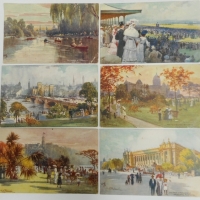 6 x Postcards feat paintings of Melbourne by A H Fullwood circa 1900 incl The Melbourne Cup, Princes Bridge, Exhibition buildings, Government house th - Sold for $24 - 2015