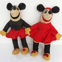 Pair c1950s cloth Mickey and Mini Mouse dolls with unusual winged shorts - Sold for $73 - 2015