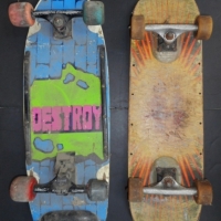 2 x vintage skateboards - Redstone Destroy, and another with lightweight Tracker trucks and Cockroach base plates - Sold for $24 - 2015