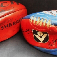 2 x  vintage signed Footballs with various signatures incl  circa 1981 Melbourne Demons players Gary Baker, Greg Hutchinson etc - Sold for $67 - 2016