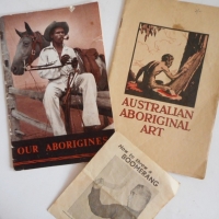 3 x pces Ephemera - 1958 Museum of Victorian 'Australian Aboriginal Art' booklet, 1957 'Our Aborigines booklet' & Bill T Onus leaflet How to throw a b - Sold for $37 - 2016