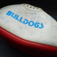 Signed Footscray Bulldogs football circa 1988 including Mark Hunter, Adrian Campbell and Stuart Wigney, Jason Watts etc - Sold for $61 - 2016