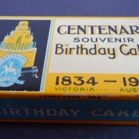 Vintage VICTORIAN CENTENARY Birthday Cake TIN 1834-1934 - flour used in cake from Burnley Flour mills - tin made by J MARSH & SONS Melbourne - Sold for $37 - 2016