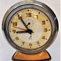1940s JAZ French metal and chrome desk clock with wind-up and alarm mechanisms to back - approx 15cm H - Sold for $50 - 2019