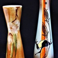 2 x  Studio Anna Australian pottery waisted vases with Kangaroo and gumleaf decoration - tallest 22cm - Sold for $43 - 2019