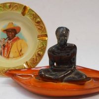 2 x pieces of vintage Australian Pottery - Wembley Ware ashtrays incl Native Stockman and Boomerang with Aboriginal figure - Sold for $37 - 2019