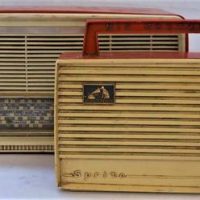 2 x red vintage radios incl Philips mantel radio and His Masters Voice 'Sprite' portable radio - Sold for $35 - 2019