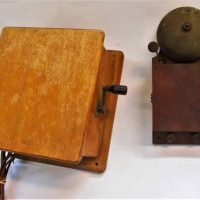 2 x vintage telephone items incl external bell and PMG timber box - Sold for $31 - 2019