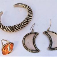 3 x pces Silver jewellery - heavy bangle, pair earrings & amber ring - Sold for $87 - 2019