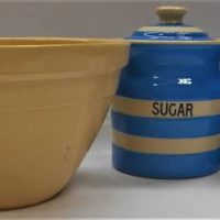 3 x pieces ceramic domestic ware incl T G Green 'Sugar' canisters and Hoffman vintage mixing bowl - Sold for $43 - 2019