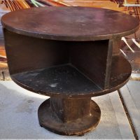 Art Deco timber drum table with shelves - 59cm D - Sold for $35 - 2019