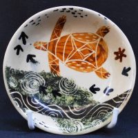 Australian Pottery bowl with painted turtle and Aboriginal motifs - incised mark to back illegible 12cm D - Sold for $31 - 2019