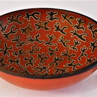 Carl Cooper Australian Pottery earthenware bowl with sgraffito figures and copper oxide coloring, signed to base and dated 1961 - 14cm D - Sold for $373 - 2019