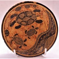 Carl Cooper Australian pottery bowl with painted and sgraffito Aboriginal motifs of Turtles - approx 13cm diam af, signed and dated 1950 to base - Sold for $124 - 2019