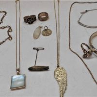 Group lot mainly silver jewellery incl Bangle, pendants, chains, rings, brooch, heart bracelet etc - Sold for $62 - 2019