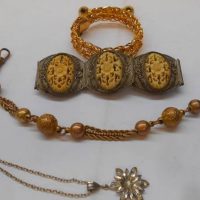 Group lot vintage jewellery incl Wide Asian nickel silver bracelet with ivory panels, wide gplate silver bracelet, gplated c1900 fob chain Silver flow - Sold for $62 - 2019