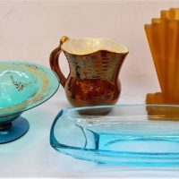 Group with Sowerby Art deco amber glass vase, Crown Devon enamelled jug, and blue glass bowls - Sold for $31 - 2019
