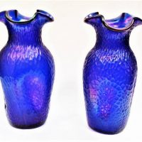 Pair of Czech glass textured iridescent blue glass vases with pinched rim Loetz  Kralik - Sold for $118 - 2019