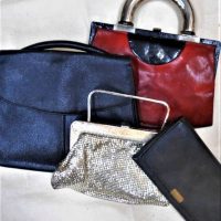 Small Group Lot Ladies Vintage evening bags inc - Chrome clasped purse with satin pockets, gold Glomesh purse, calf skin purse, etc - Sold for $62 - 2019