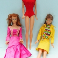 3 x BARBIE dolls incl 2x Early 1960s side swirl pony tails - one with original swimsuit - plus AF Skipper doll - Sold for $98 - 2015