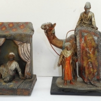 2 x  Vintage cold painted spelter arab figurines Carpet seller on Camel & Carpet sellers shop - Sold for $98 - 2015