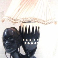 Barsony black table LAMP featuring a woman holding black & white vase with hoops in ears & pink shade - impressed nos. to back R.D. 36139 - sold for $129 - 2008